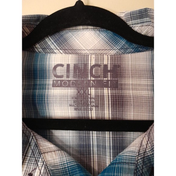 Cinch Mens XXL Modern Fit Western Shirt Teal Gray Plaid Saw Tooth Pockets -Snaps - Picture 3 of 12